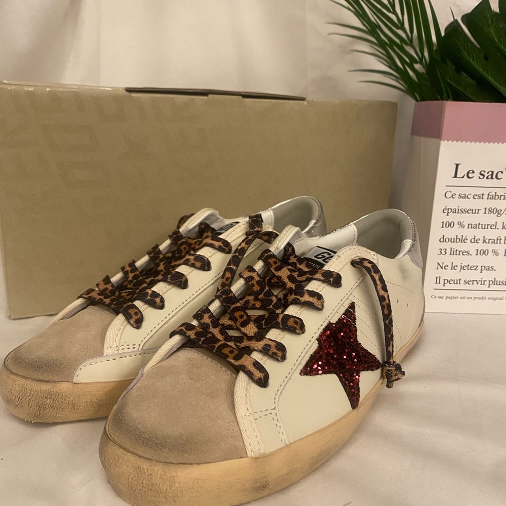 Golden Goose White Sneakers with Red Star and Leopard Accents